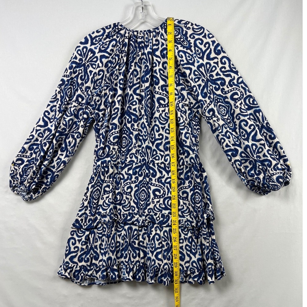 Zara Mini Dress Womens Medium Blue White Ikat Damask Ruffle Balloon Sleeve Boho - Picture 5 of 11